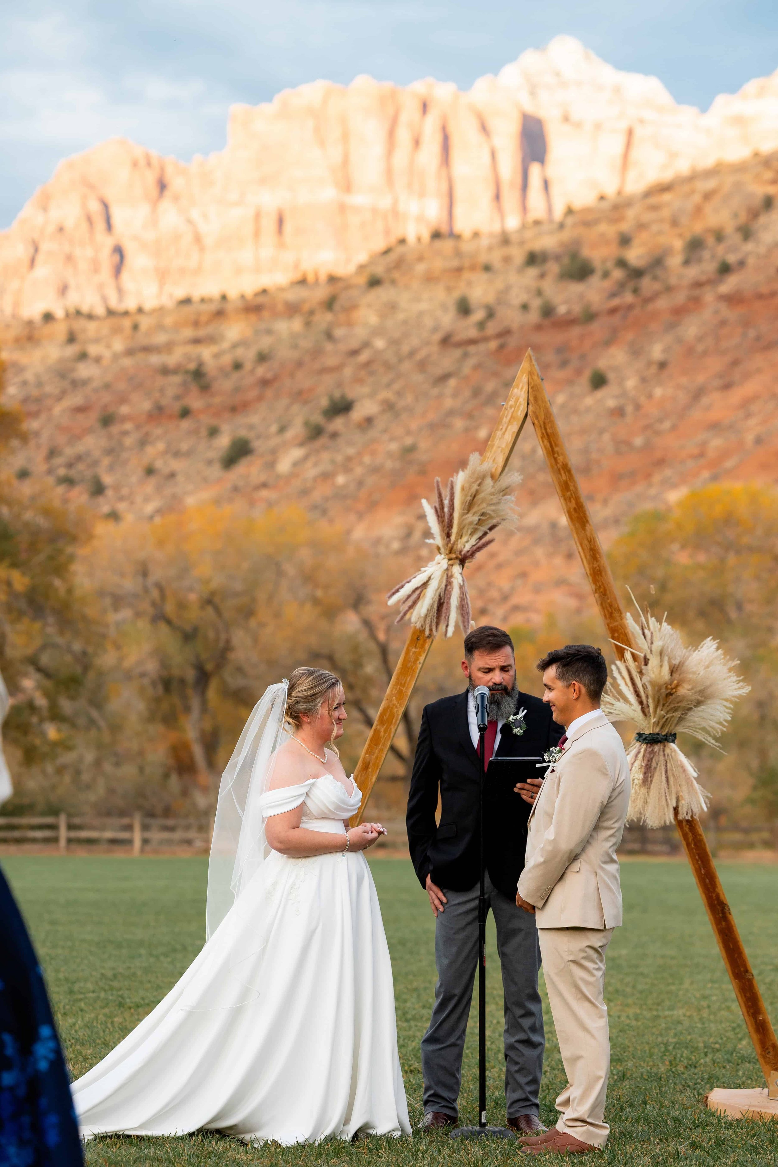 bride and groom exchange rings during wedding ceremony