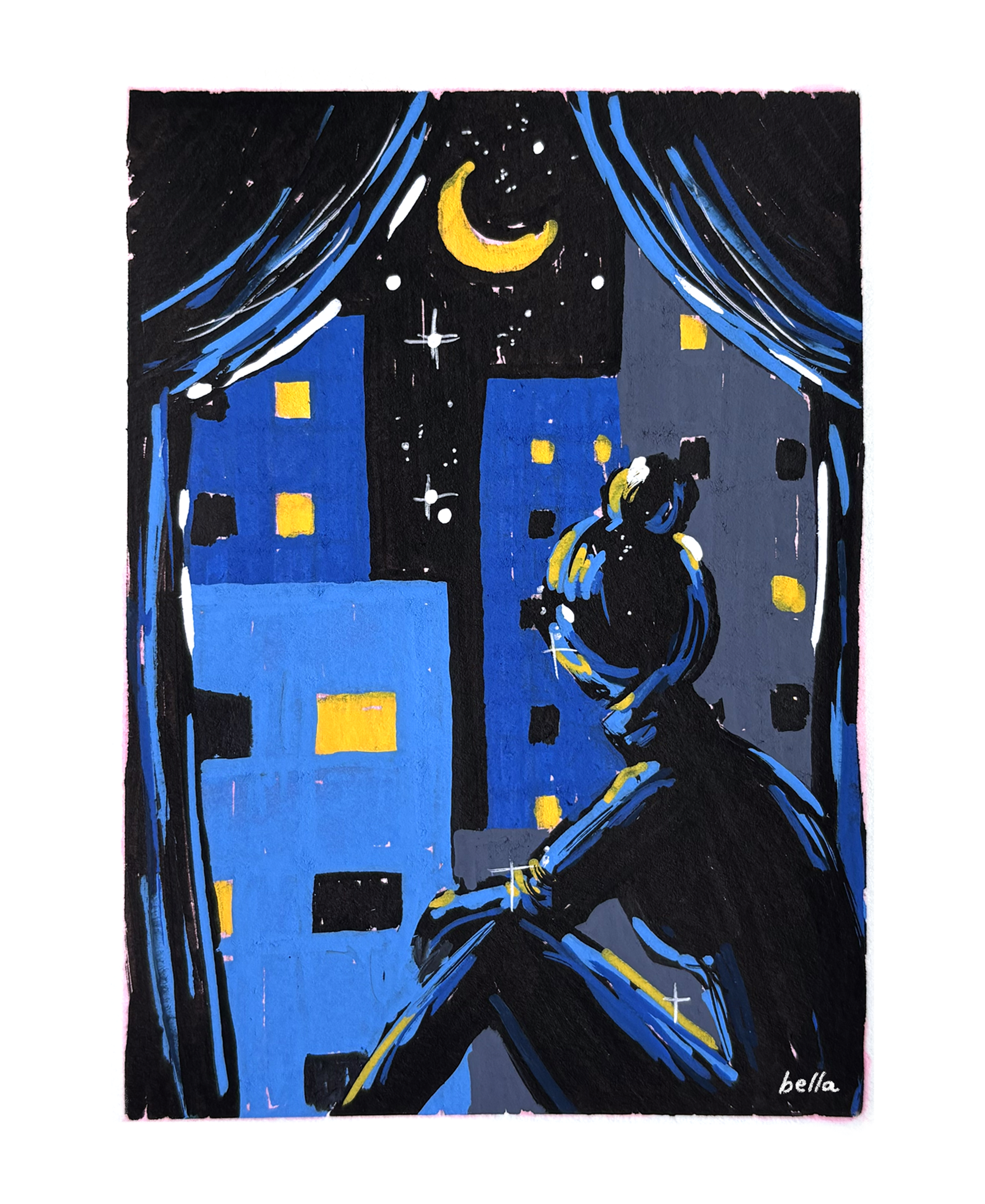 A Posca marker illustration of a silhouetted woman looking out the window into a night city scape made of blue buildings.