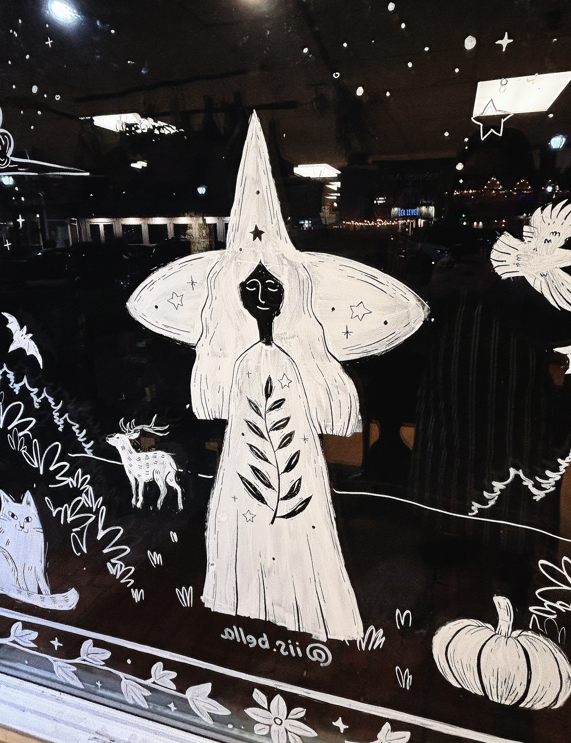 A witch with stars in her hat and a fern in her cloak, hand-painted in white paint on a glass window.