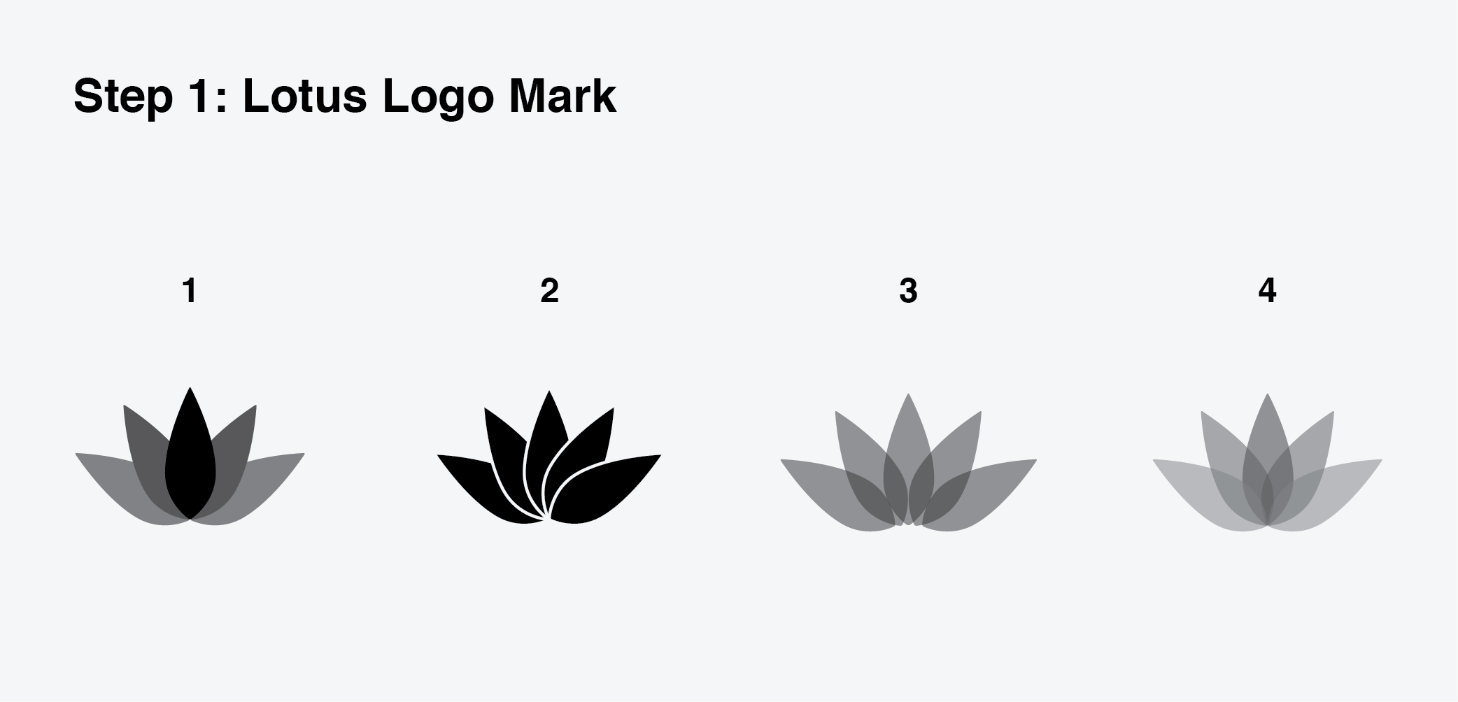 Variations of possible lotus logo marks. Option 4 was selected for its complexity through diversity of shades, created by the overlapping of opaque grey leaf elements.