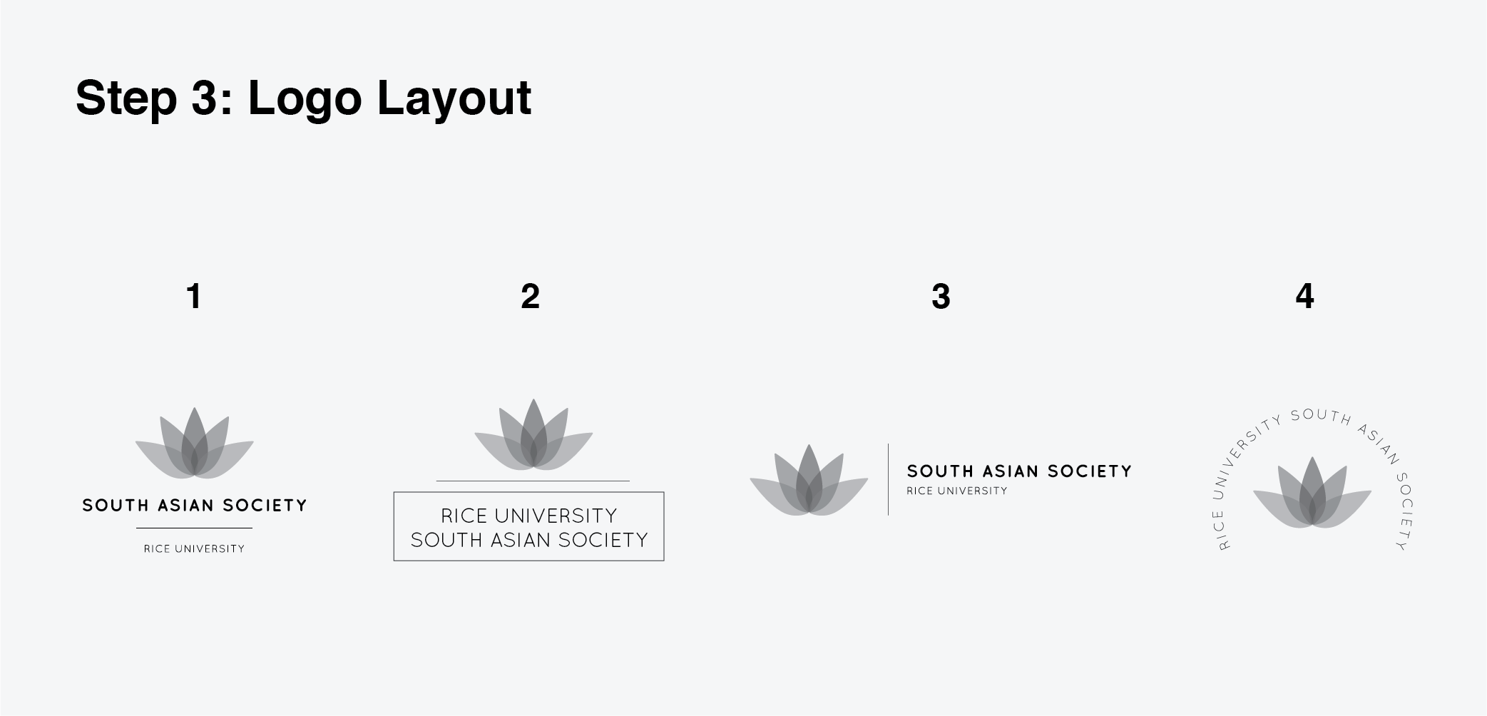 Layout variations of logo mark and type. Option 1 was the most clearly legible and gave the most versatility in terms of placement options.