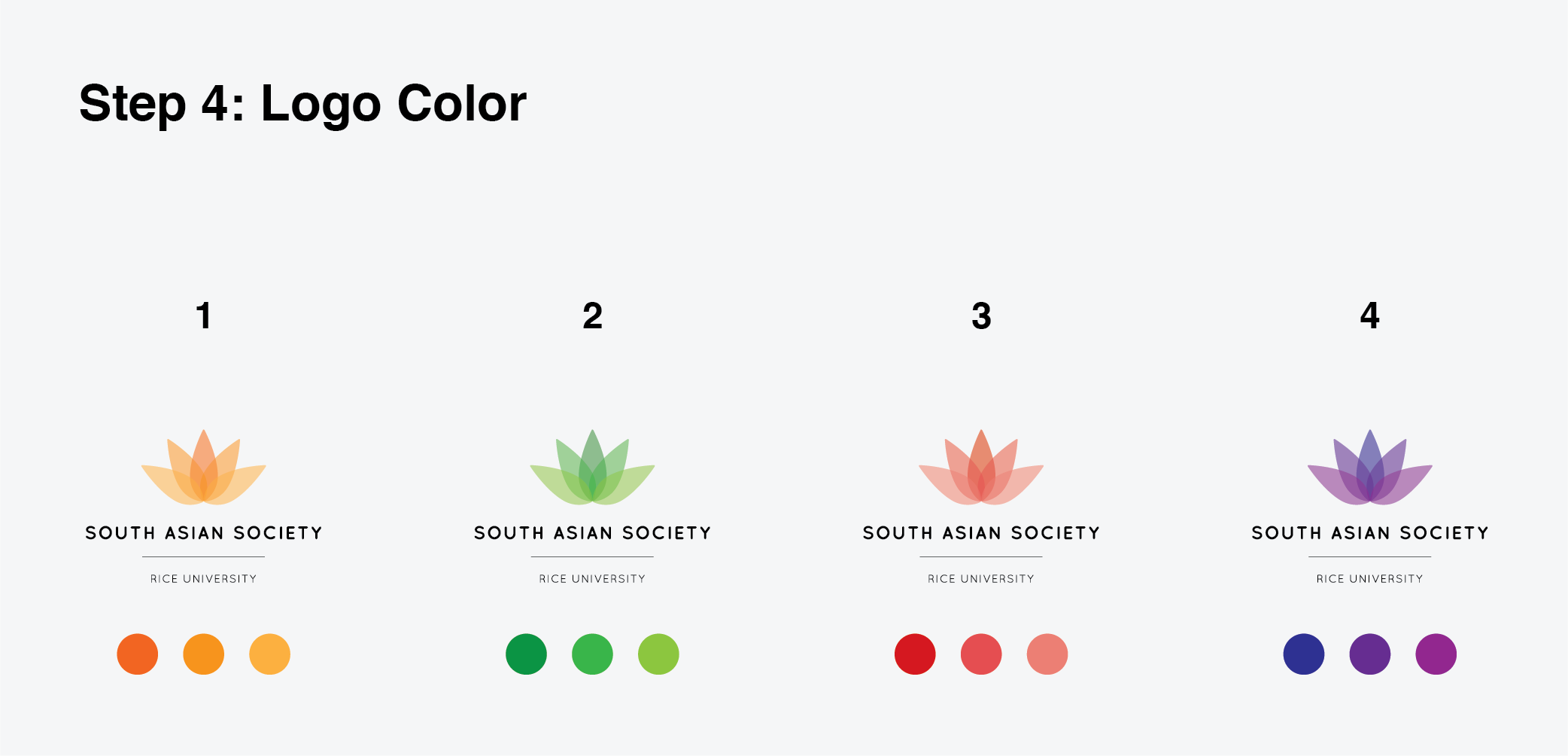 Potential logo color schemes. Option 3 was selected for its close semblance to the standard pink lotus flower.