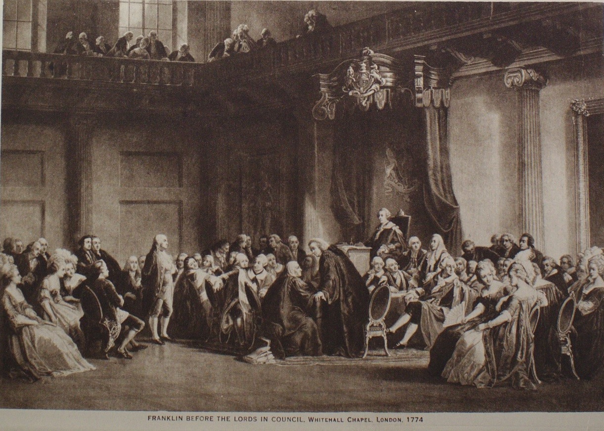Unknown artist, from an engraving by Robert Whitechurch after Christian Schuessele. Franklin before the Lords in Council, Whitehall Chapel, London, 1774 From “The Mentor: Benjamin Franklin,” Vol. 6, No. 7, Serial No. 155, May 15, 1918 Photogravure, 6 5/8 x 9 3/8 in. Fraunces Tavern Museum, TR2019.01.044a. Gift of Kent D. and Tina K. Worley