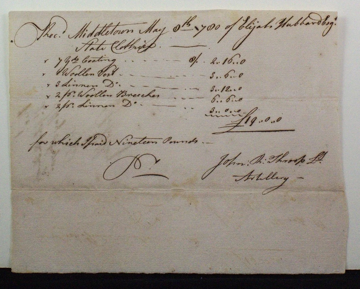 Elijah Hubbard Esq. for Lt. John Throop. May 8, 1780 6 1/16 x 7 6/8 in. Fraunces Tavern Museum, TR2019.01.079. Gift of Kent D. and Tina K. Worley