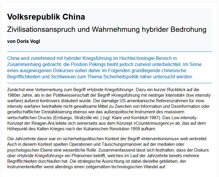 Volksrepublik China Zivilisationsanspruch und Wahrnehmung hybrider Bedrohung