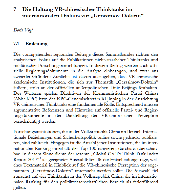 Die Haltung VR-chinesischer Thinktanks im internationalen Diskurs zur "Gerasimov-Doktrin"