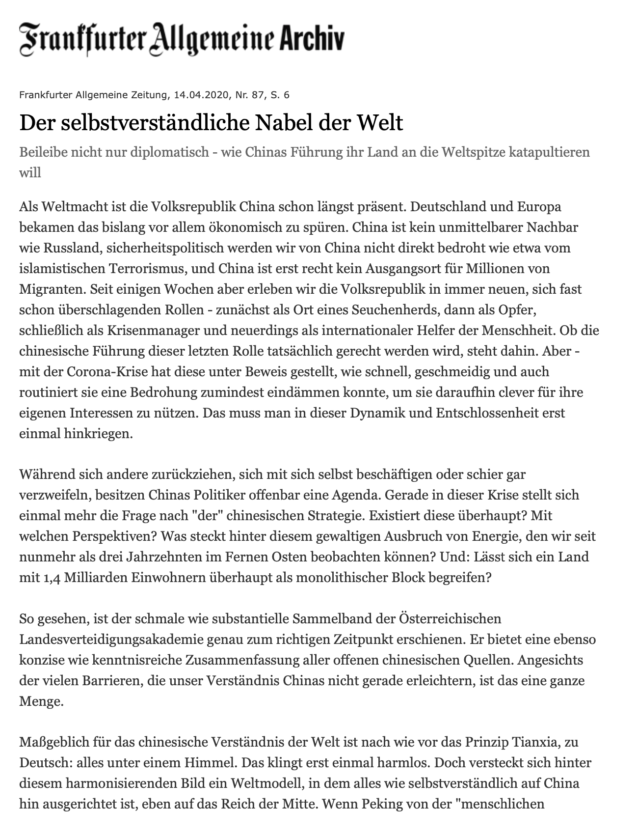 Rezension von „Chinas Grand Strategy im Wandel“ durch die FAZ