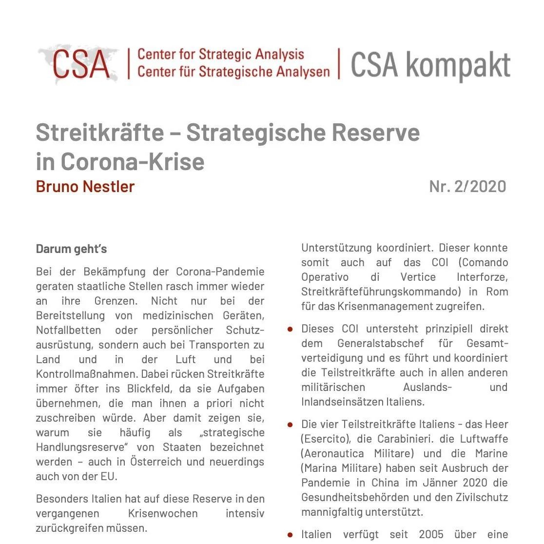 Streitkräfte – Strategische Reserve in Corona-Krise