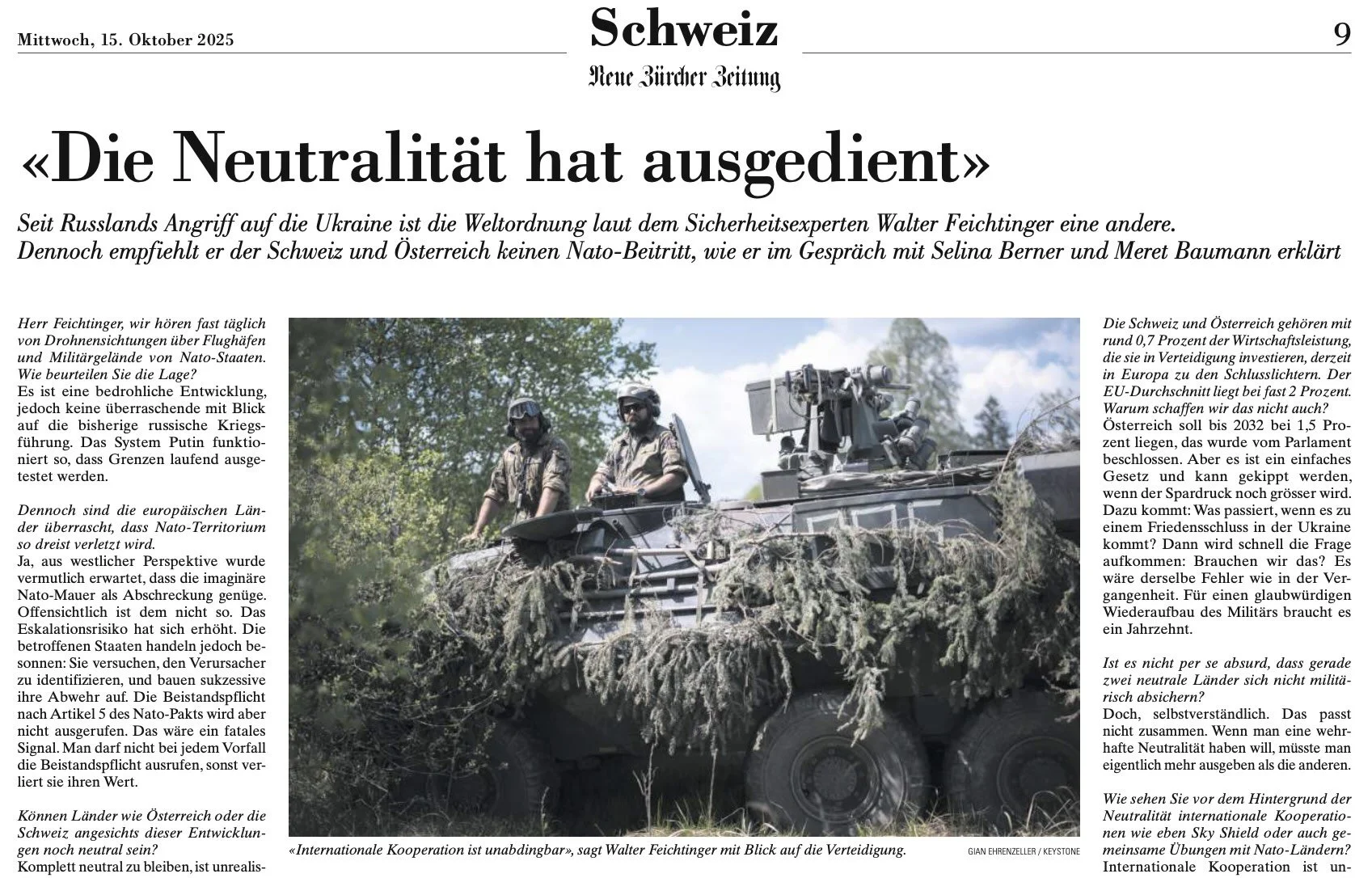 Feichtinger in der NZZ: „Die Neutralität hat ausgedient“