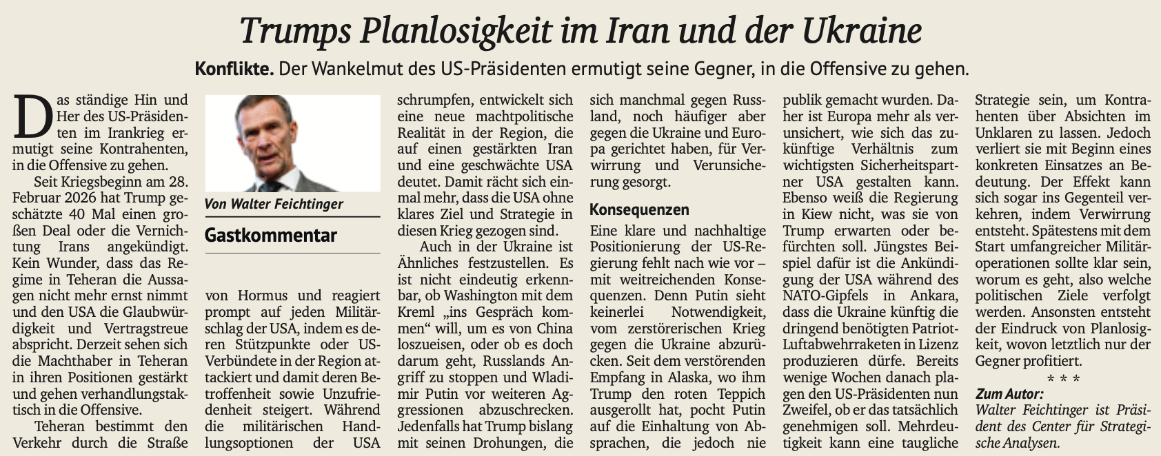 Gastkommentar: Trumps Planlosigkeit im Iran und der Ukraine
