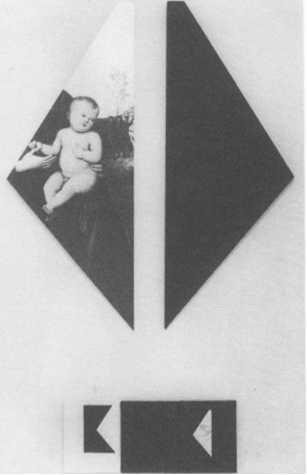 "Le désir de Perugino" 1983. Peinture acrylique sur toile, photographie N/B, dessin à l'encre de chine sur toile, 82 X 35cm, 158 X 90 X 90 cm.