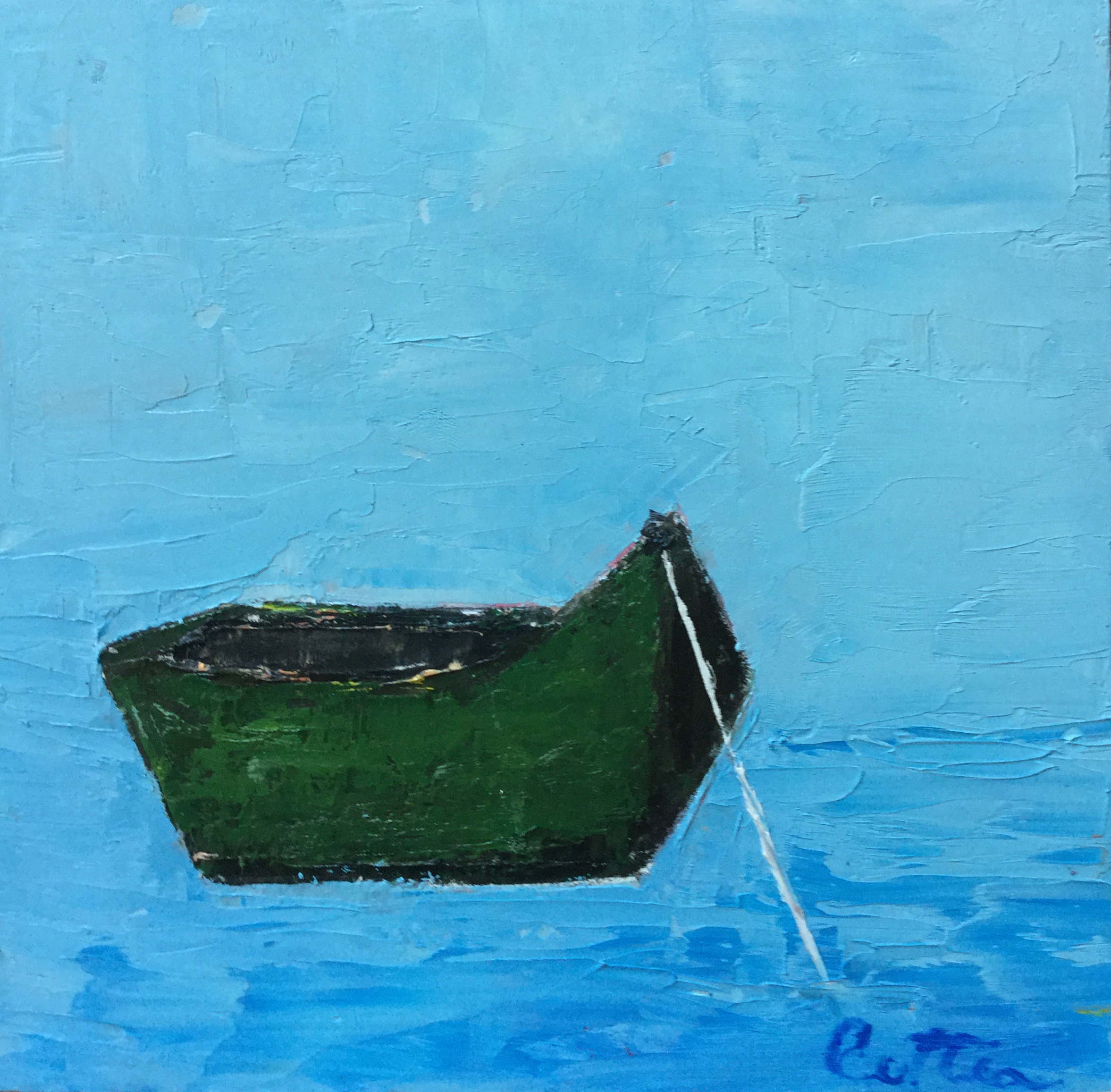 GREEN DORY, 6" x 6", OIL ON WOOD PANEL