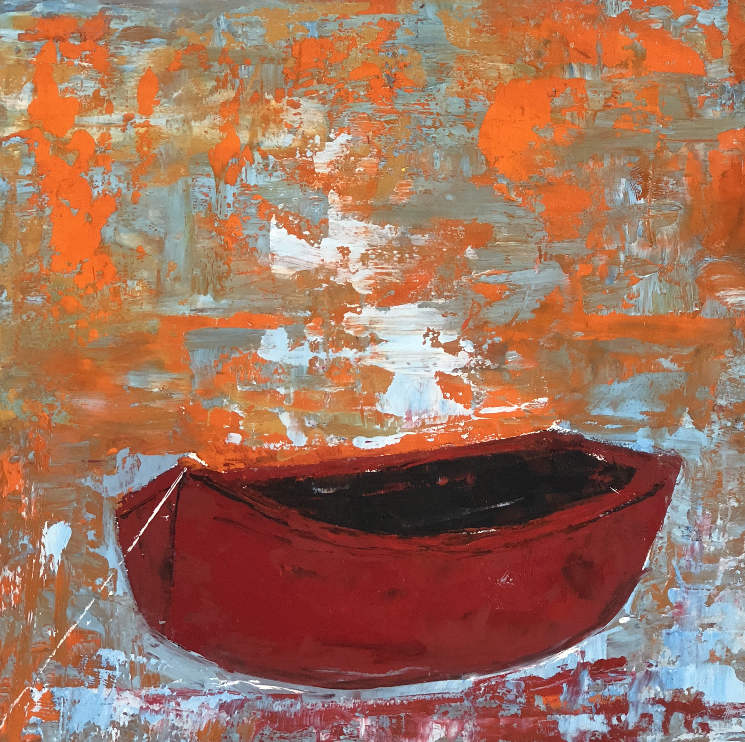 RED BOAT II, 6" x 6", OIL ON WOOD PANEL