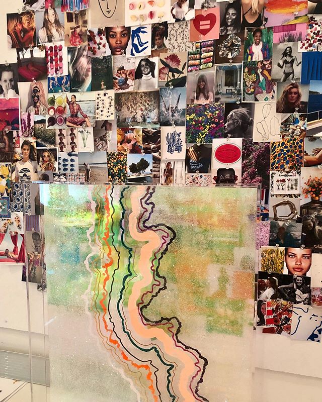 When projects collide...art by #KristiKohut in front of an in-progress brand mood board. #mondaymood #artinspires