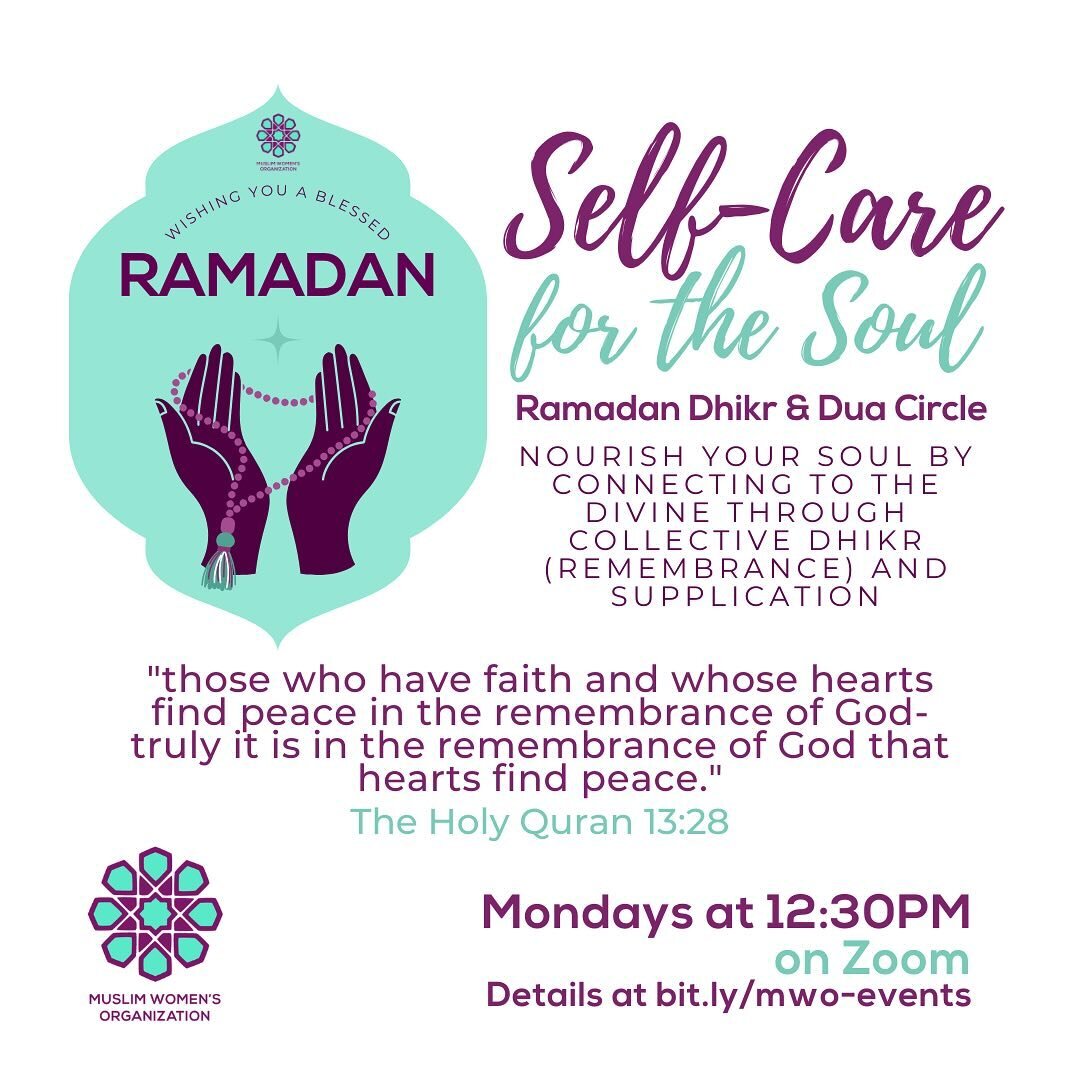 Don&rsquo;t forget to join us tomorrow at 12:30pm EST for our virtual dhikr circle 📿 

Learn more and register at bit.ly/mwo-events

#muslimwomen #muslimwomensorganization #themwo #dhikr #prayer #remembrance #ramadan #hakima #sisterhood