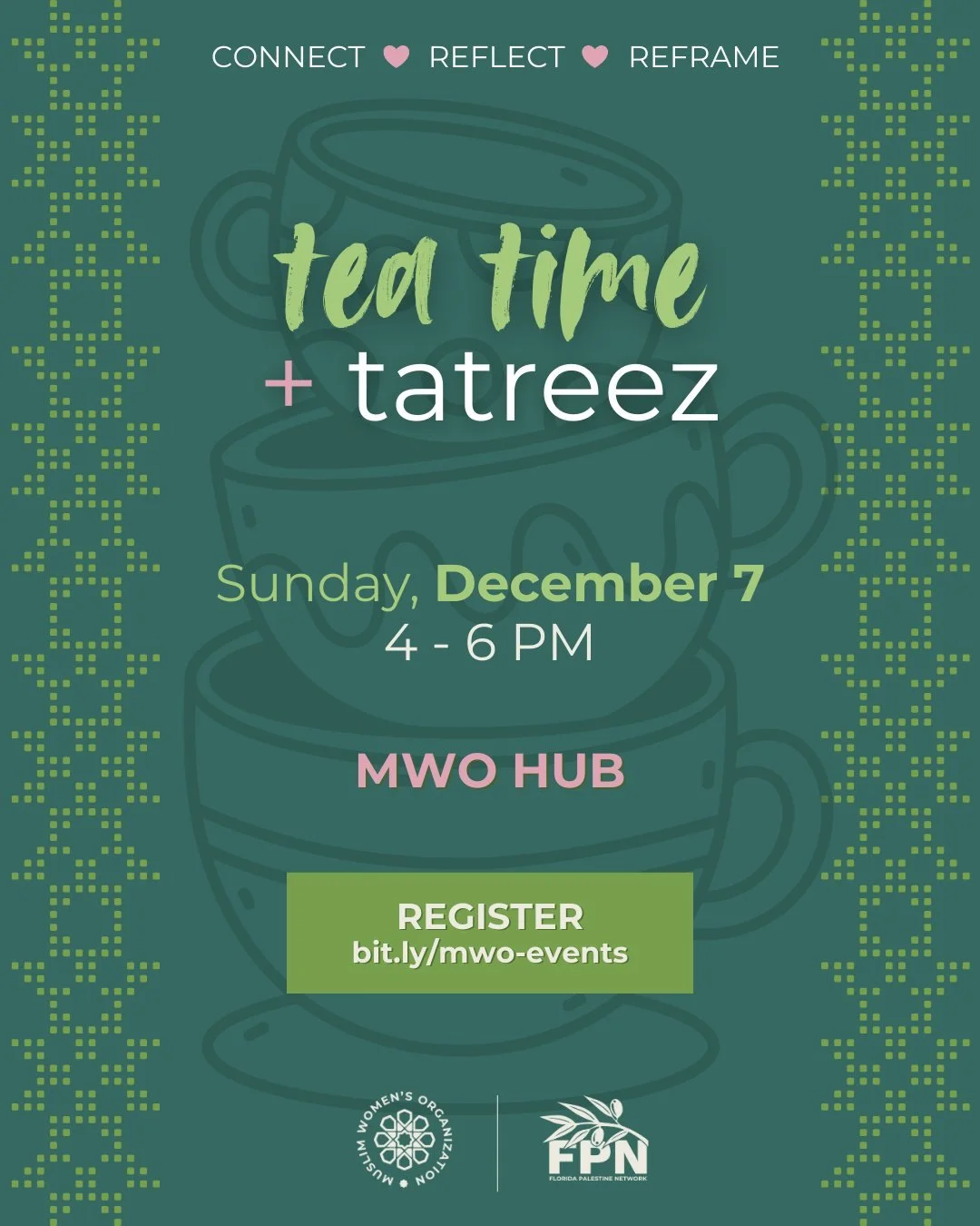 Join us for a special NEW HUB edition of Tea Time &amp; Tatreez with the most talented Fatima Alamoudi, who has designed a new tatreez pattern for Open House Week.

Tea Time &amp; Tatreez is a monthly gathering in partnership with Florida Palestine N
