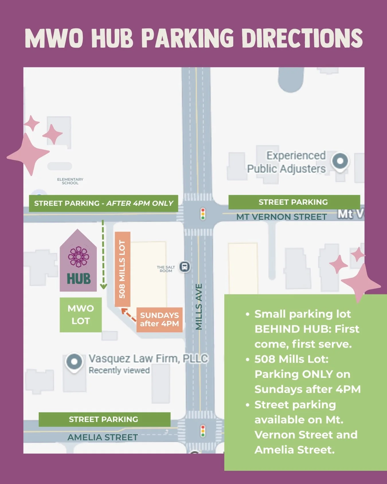 IMPORTANT: Our parking directions have changed. Below are areas to park:

🚗 Small parking lot BEHIND HUB: First come, first serve.

🚗 508 Mills Lot: Parking ONLY on Sundays after 4PM

🚗 Street parking available on Mt. Vernon Street and Amelia Stre