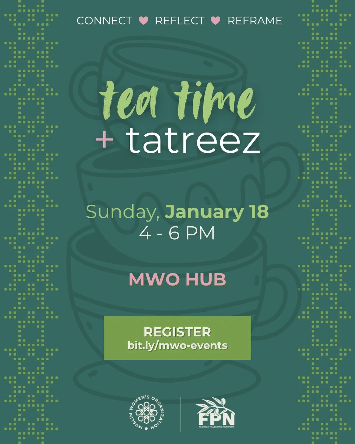 Tea Time &amp; Tatreez is a monthly gathering in partnership with Florida Palestine Network @floridapalestinenetwork where we strive to keep the Palestinian tradition of cross-stitch embroidery alive as women gather to connect, reflect and grow toget