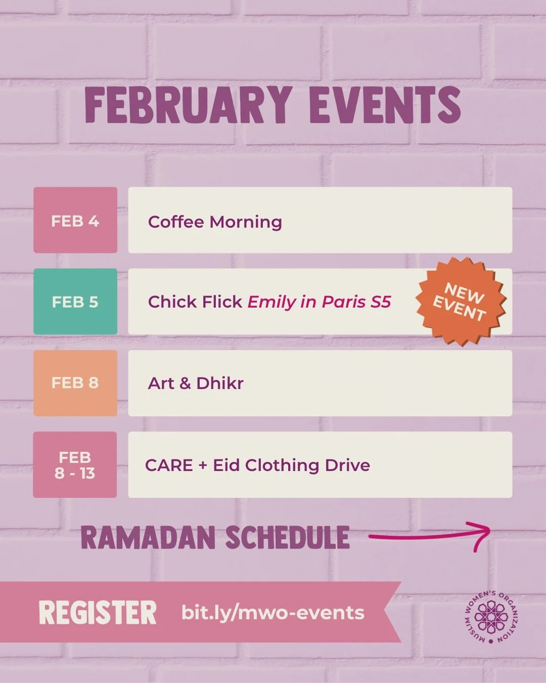 We can&rsquo;t wait to see you at the HUB this month! Welcoming February and Ramadan soon after, insha Allah. Save the dates for some amazing programs coming up!

Make sure to check back for more registration details at bit.ly/mwo-events. 🔗 Link in 