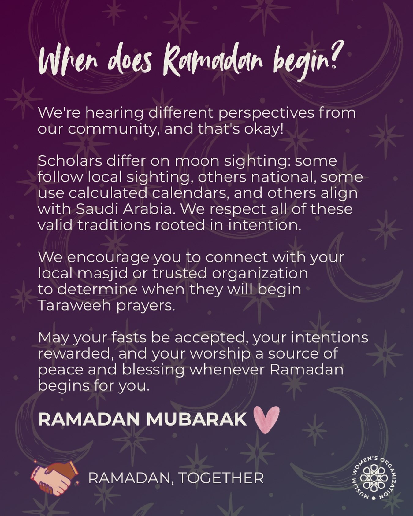 Ramadan Mubarak from the MWO! 🌙 
However your community welcomes this blessed month, may your worship and intentions be accepted. ✨🤲​​​​​​​​​​​​​​​​