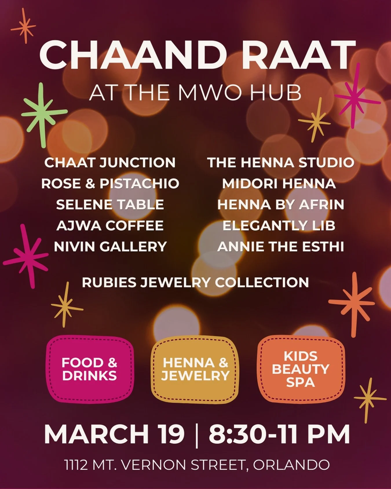 Tonight is the night 🌙

8:30 PM at the MWO HUB. Come welcome Eid with your community, with henna, sweets, chai, food, and beautiful energy.

See you there insha Allah!