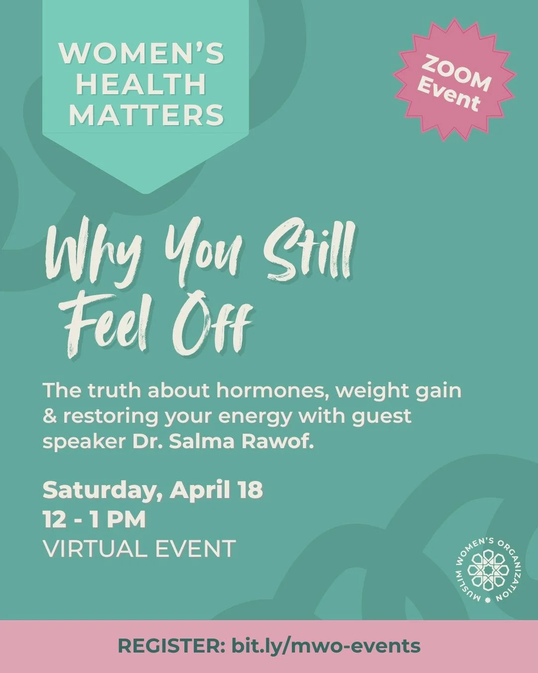Always tired? Can't figure out what's going on with your body? We're having an important conversation on hormones, weight gain &amp; restoring your energy with Dr. Salma Rawof on Zoom. Come learn how to take charge of your day-to-day health!

Saturda