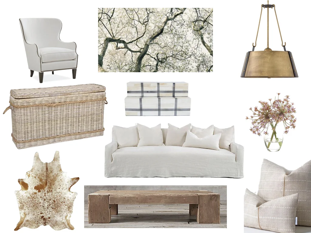 club chair // SERENA & LILY artwork / / SHOPPE AMBER INTERIORS ceiling fixture // RIVERBEND HOME basket console // MCGEE & CO boxes // MCGEE & CO floral arrangement // ALICE LANE cowhide // THE RUG MERCHANT sofa // ONE KINGS LANE coffee table // RESTORATION HARDWARE pillows // SUSAN CONNOR NYC