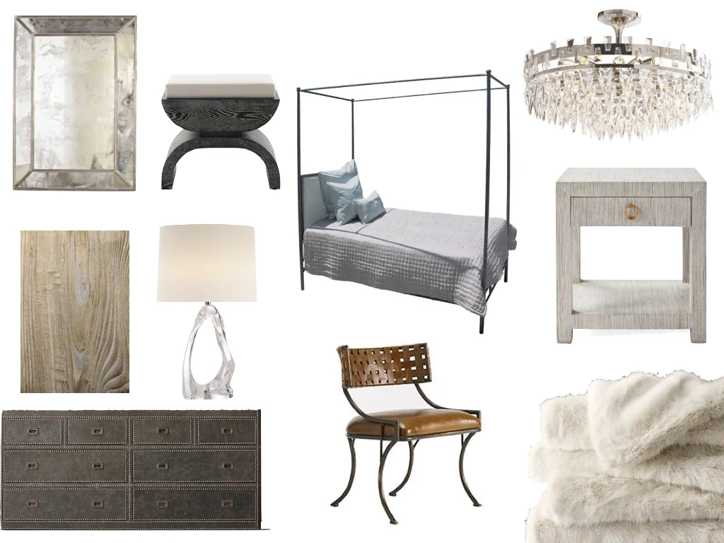 mirror// SHOP CANDELABRA stool / / JAYSON HOME bed // OLY STUDIO bedside table // SERENA & LILY chandelier // CIRCA LIGHTING wallpaper // WEBSTER & CO lamp // CIRCA LIGHTING dresser // RESTORATION HARDWARE chair // ZINC DOOR fur bed blanket // RESTORATION HARDWARE