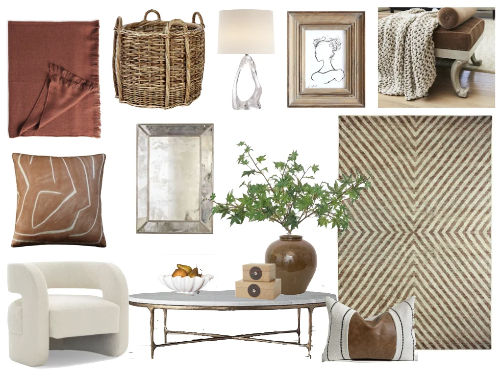 Throw// Serena & Lily Pillow// Alice Lane Chair// Alice Lane Basket// Caitlyn Wilson Mirror// Shop Candelabra Coffee Table// Restoration Hardware. Bowl// Alice Lane Shagreen Boxes// Alice Lane Urn// McGee & Co. Pillow// Etsy. Rug// Jonathan Adler Lamp// Circa Lighting . Art// Serena & Lily Throw// Alice Lane