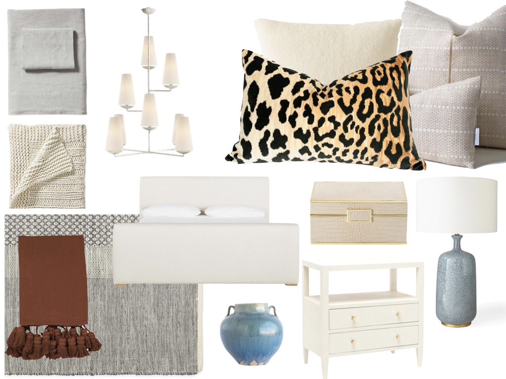 Sheets//Serena & Lily Throw// Serena & Lily Throw//. Rug// Serena & Lily Chandeliwe// Circa Lighting Bed//McGee & Co Cream Pillow// Restoration Hardware Tan Pillow//Susan Conner. Leopard Pillow// Etsy Box// Bergdorf Goodman Urn// McGee & Co Bedside Table// McGee & Co Lamp/ /Serena & Lily
