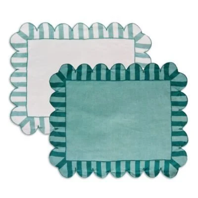 Misette Jardin Embroidered Linen Scalloped Stripe Double-Sided Placemats, Set of 4