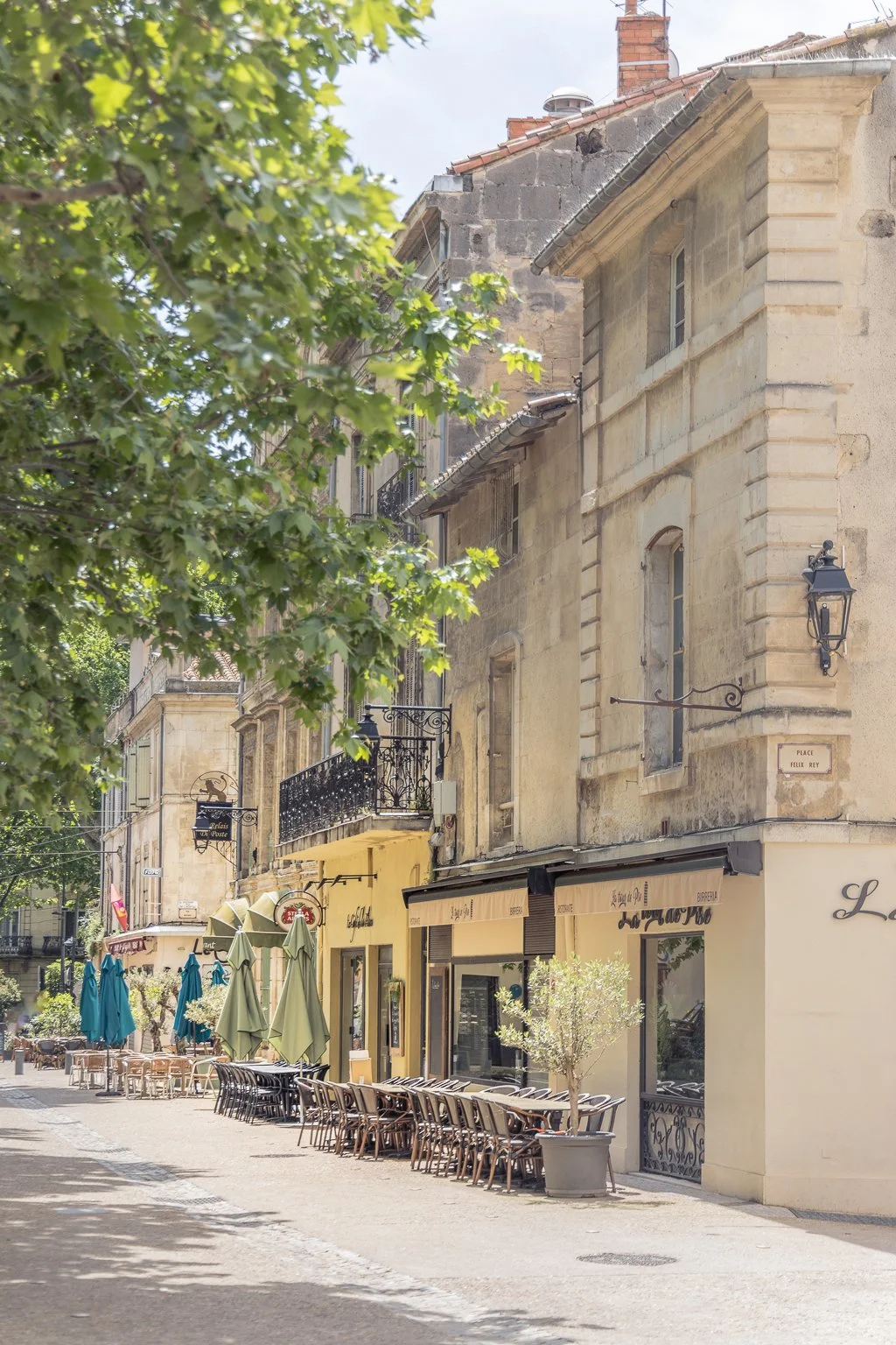 Shady boulevard in Arles with plane trees and locals strolling in the afternoon sun