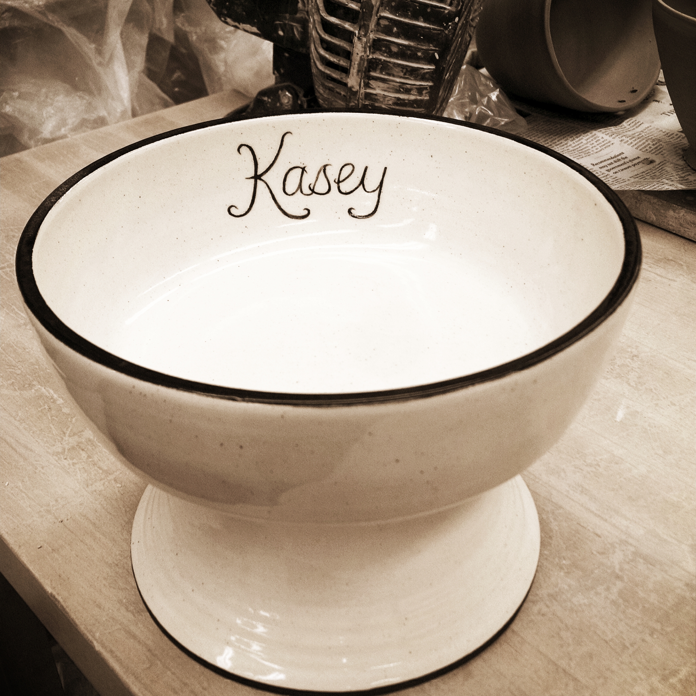 XL Handmade Pedestal Dog Bowl, Wheel-thrown Porcelain Personalized with Your Dog's Name