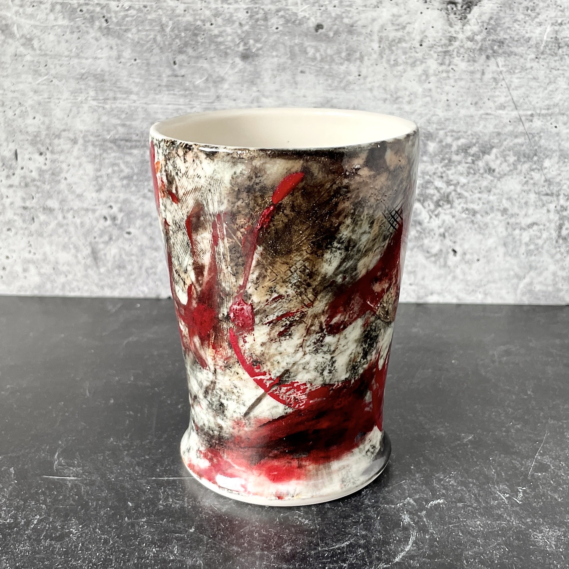 Handmade Porcelain Cup with Dramatic Abstract Colorway