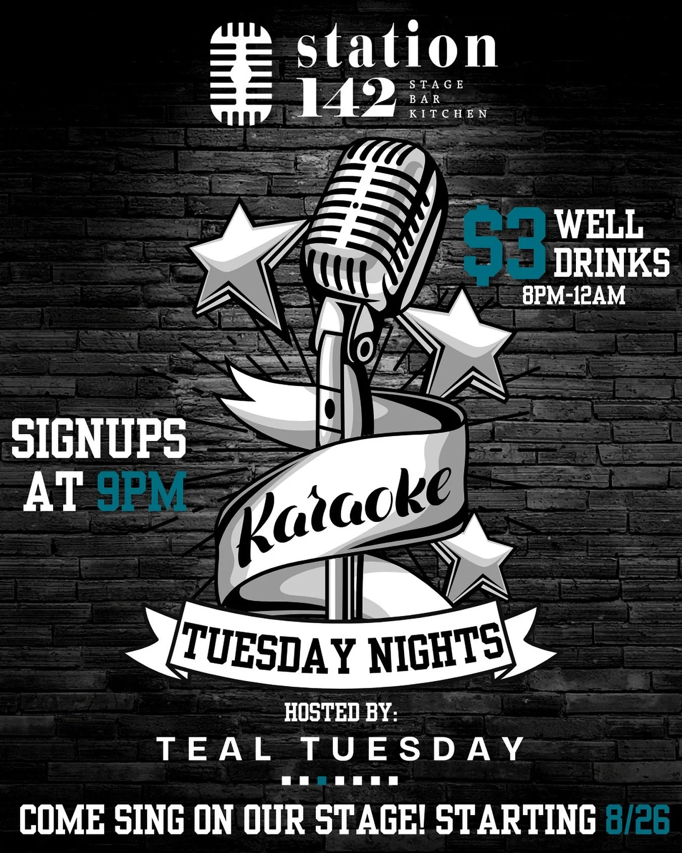 The stage is set, the lights are bright, now all we need is YOU &amp; your BEAUTIFUL (or not, we don&rsquo;t judge) voice! 🎤✨ Starting 8/26, we&rsquo;re turning up the vibes every Tuesday night with:
🎶 Karaoke hosted by @tealtuesday 
🍹 $3 well dri
