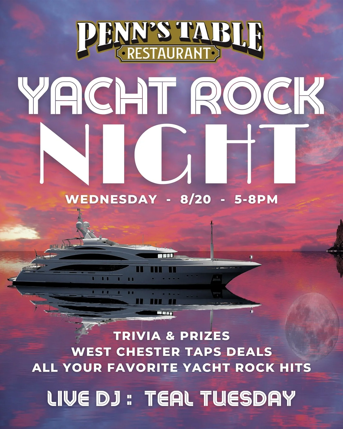 YACHT ROCK HAS DOCKED IN WEST CHESTER! 🛥️☀️ Join us next Wednesday for our first Yacht Rock Night! I&rsquo;ll be spinning all your favorite yacht rock classics, we&rsquo;ll have some trivia mixed in (with prizes of course), and deals for Taps! 🏝️ S