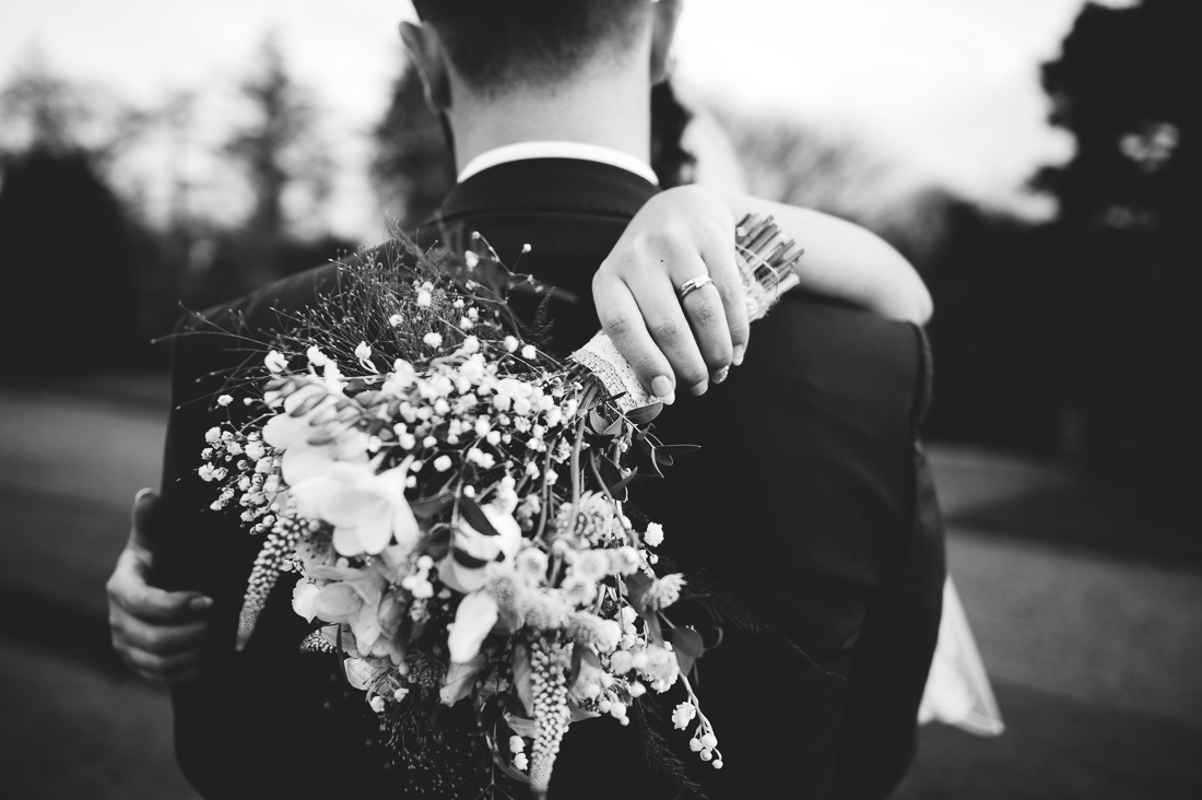Black and white shot of the wedding bouquet. Lancashire wedding photography