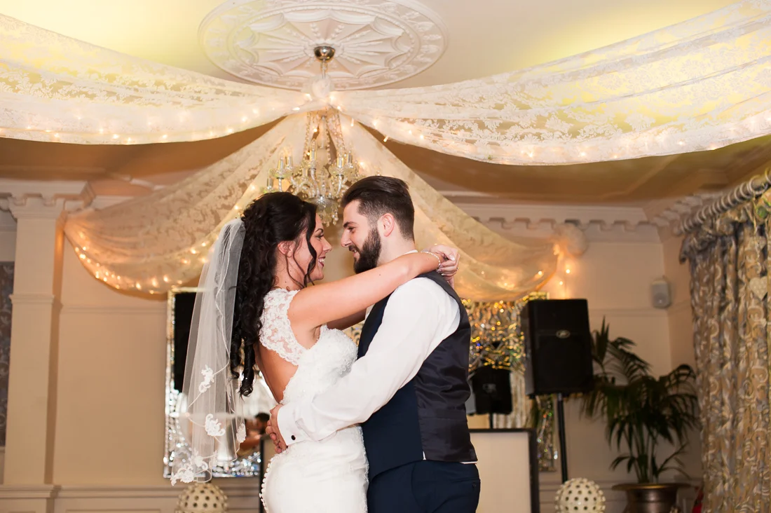 Bride and groom dancing on their first dance at Eaves Hall