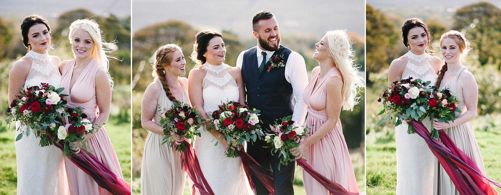 Natural shot of the bridal party laughing outside of the Wellbeing Farm, Bolton. 