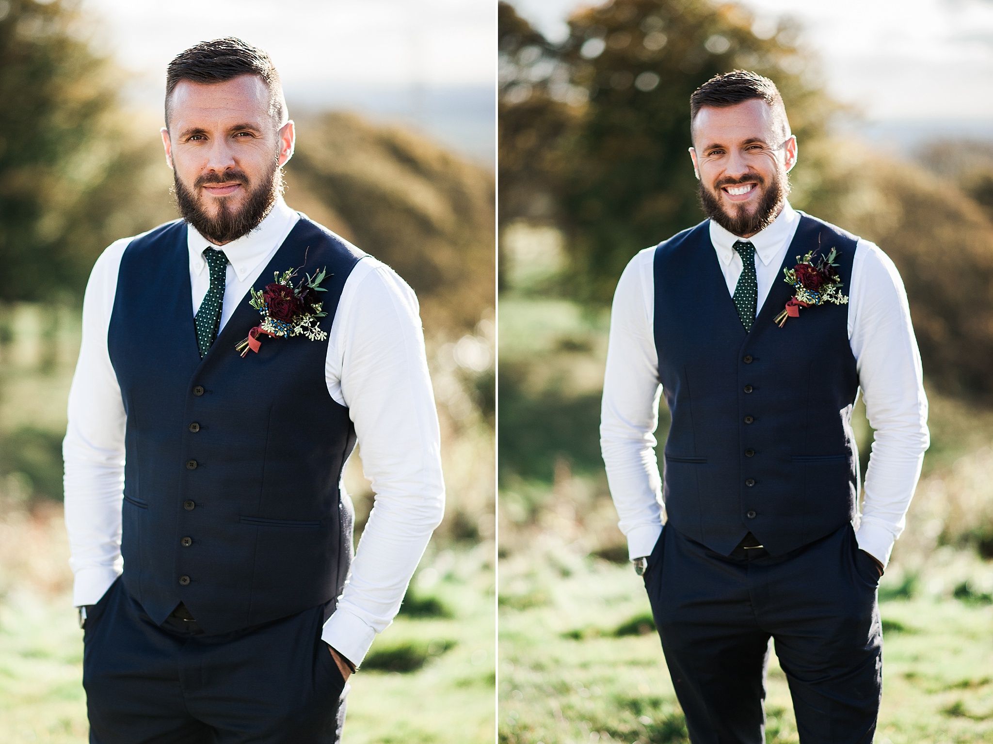 Portrait of the groom with views of Lancashire in the distance. The Wellbeing Farm wedding photography.