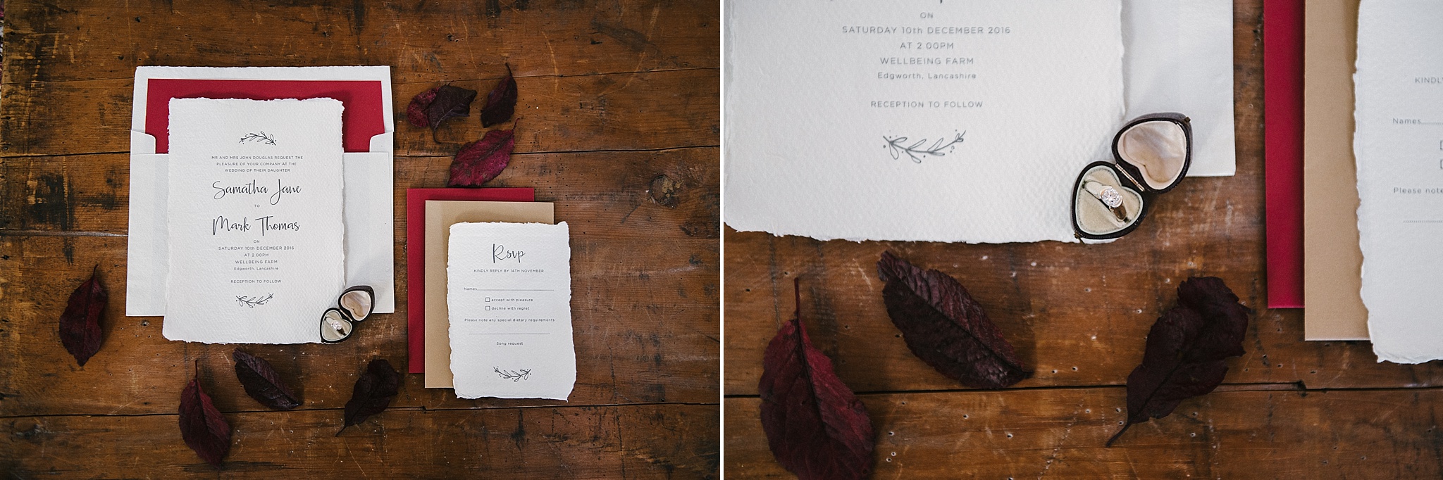 Detailed shot of the wedding stationery. Wellbeing Farm wedding photography