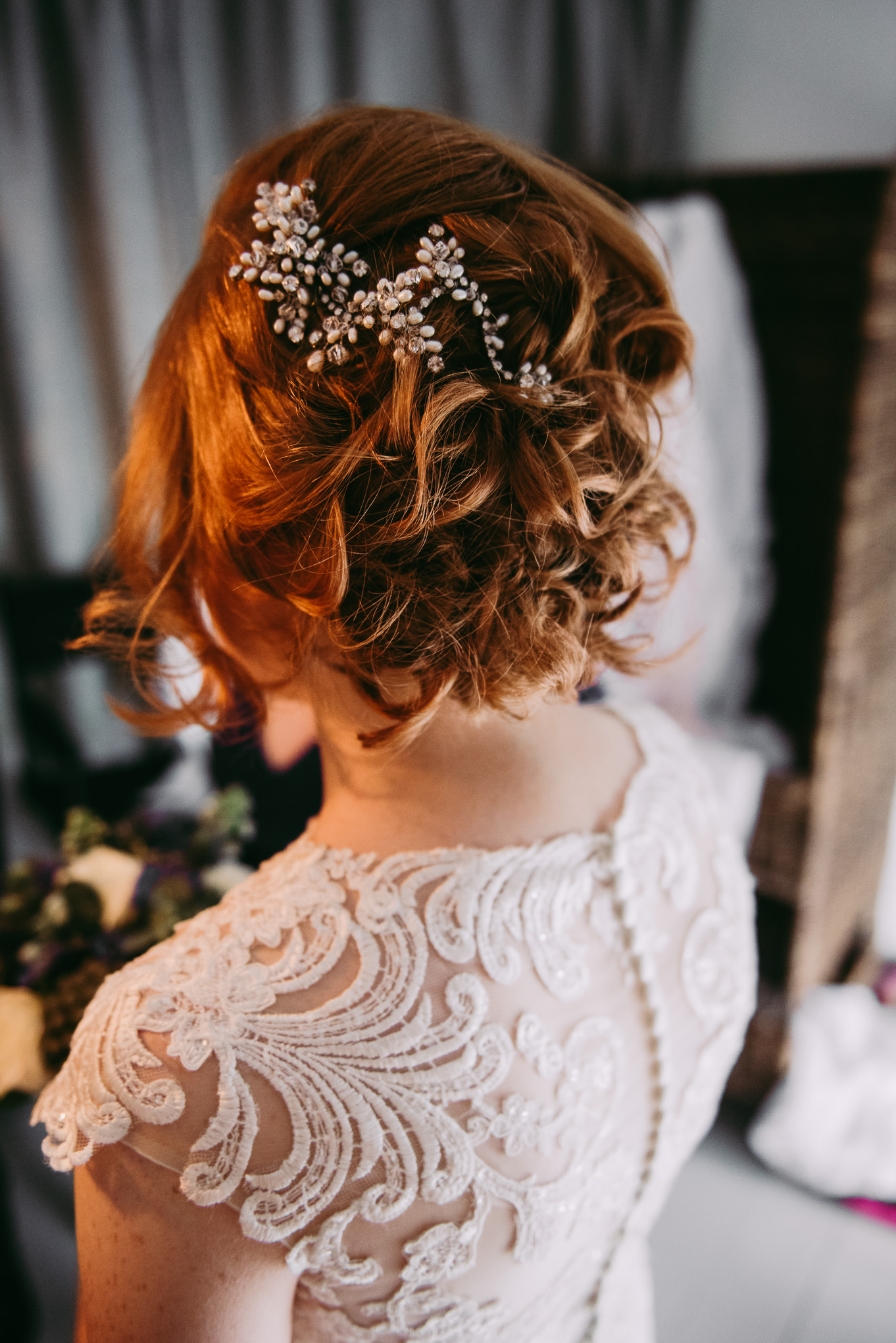 Detailed shot of the Brides hair. Cornwall Wedding photography