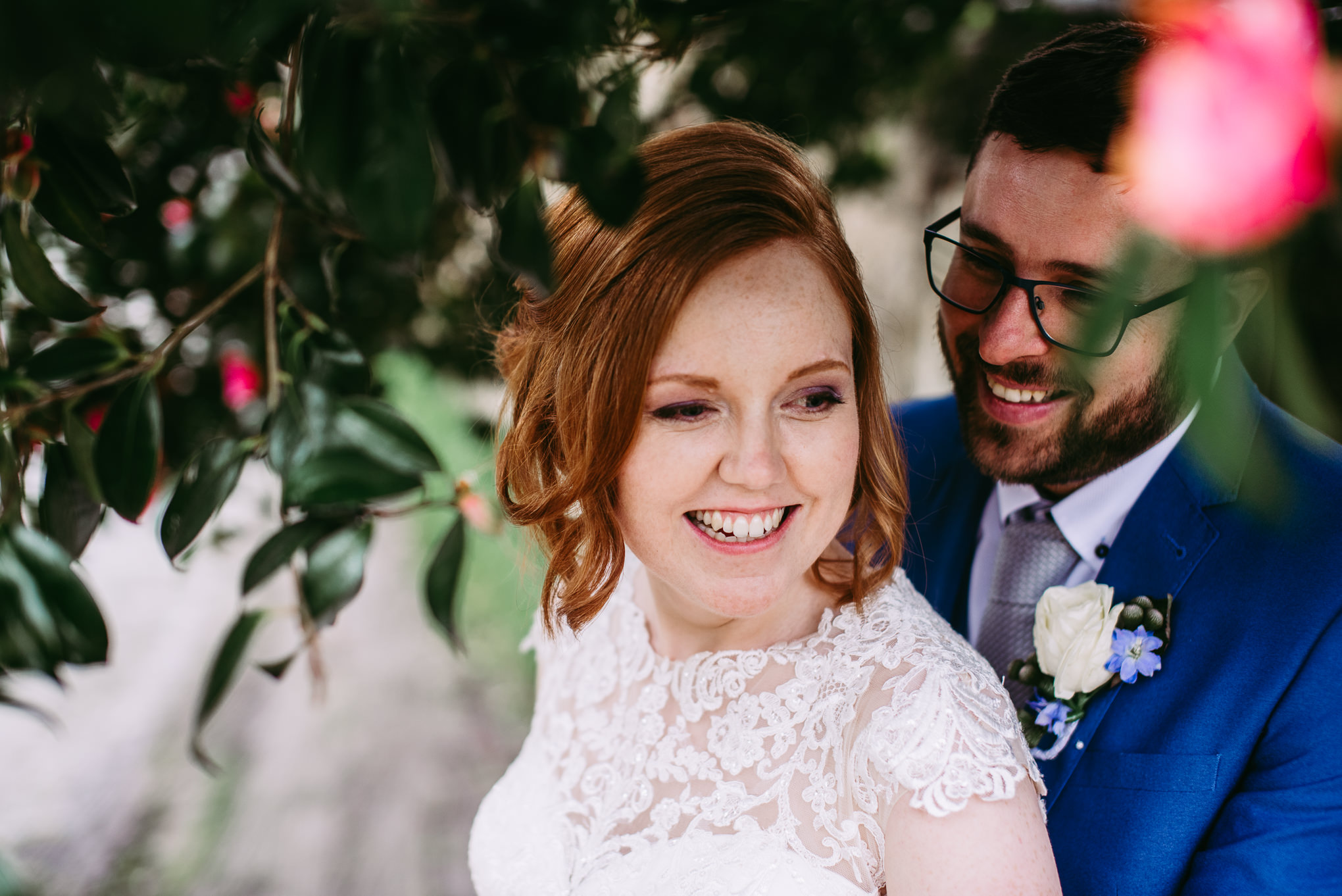 Close up of bride and groom. Natural portrait. Elopement wedding photography Cornwall.