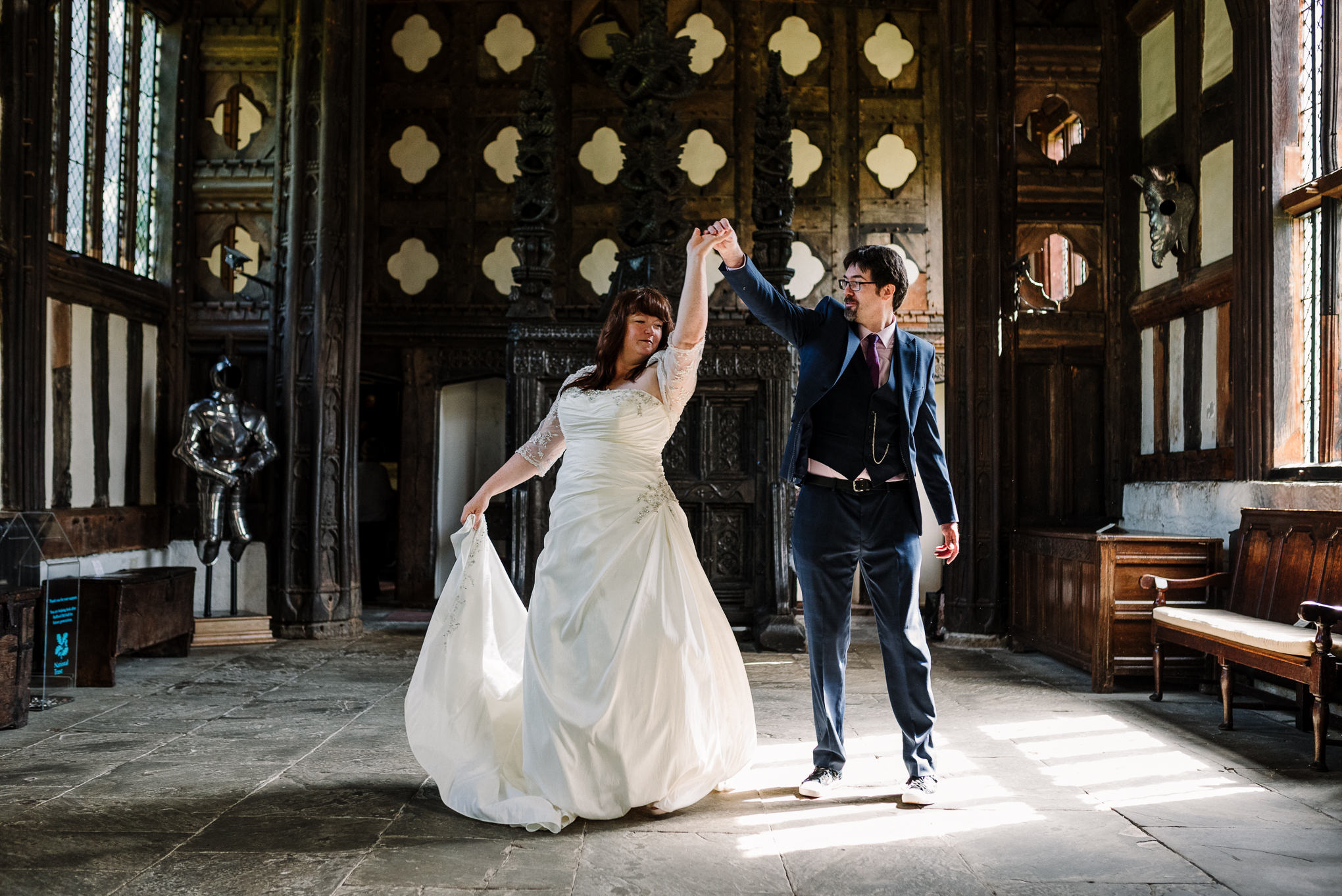 Bride and groom dancing in the Great Hall at Rufford.