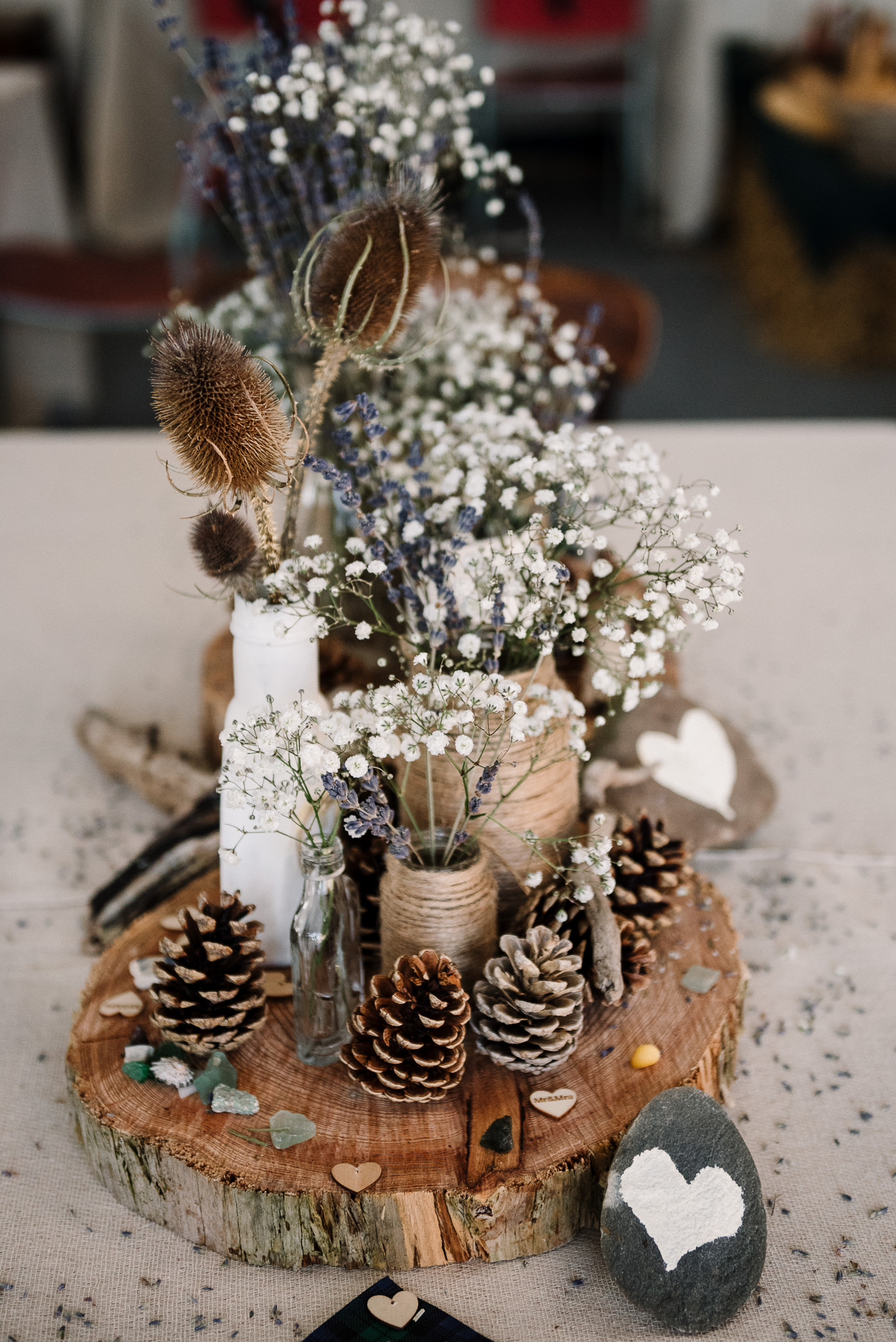 Table centre piece with gypsophila and lavender. Rustic farm wedding