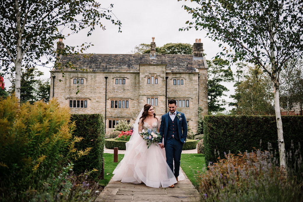 relaxed portrait of bride and groom at Stanley house hotel. Ribble Valley wedding photography