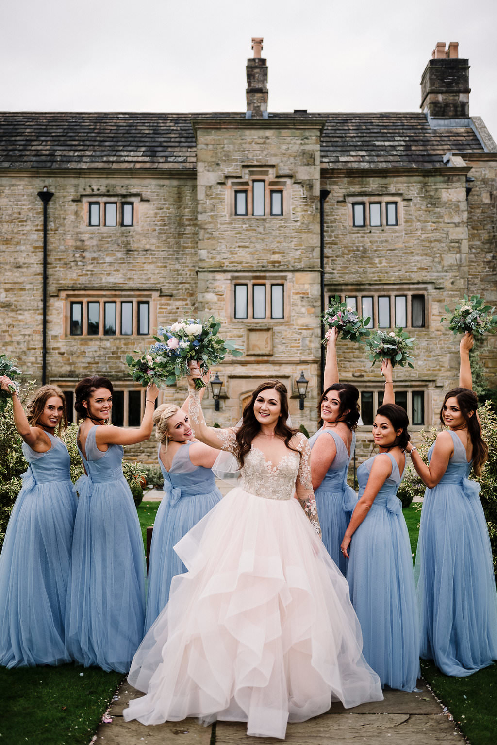 Fun shot of bride and bridesmaids together. Ribble Valley wedding photography