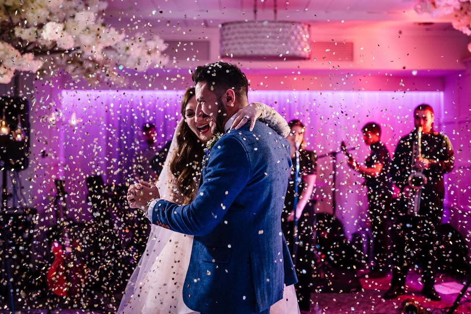 Colourful First dance photograph at Stanley house hotel. Lancashire wedding photography