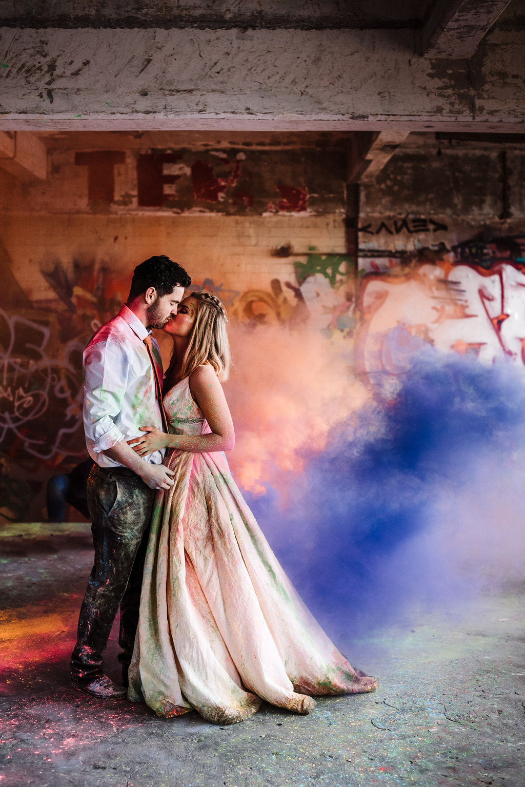 Bride and groom portrait with colourful smoke bombs. Lancashire wedding photography. 