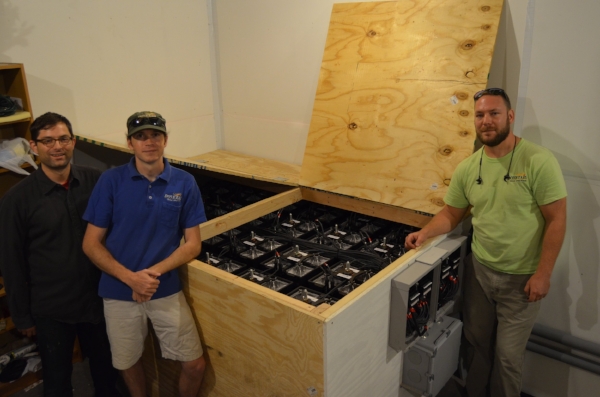 Our system going live on Sept 13, 2016. The battery stacks are visible inside the wooden box.